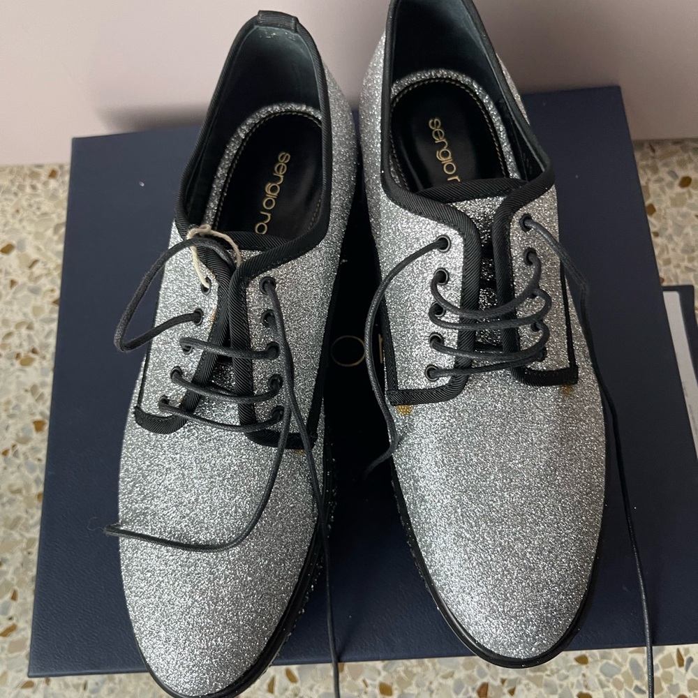 Sergio Rossi silver/black glitter lace up platforms NWT 37.5/7.5 platforms! NEW